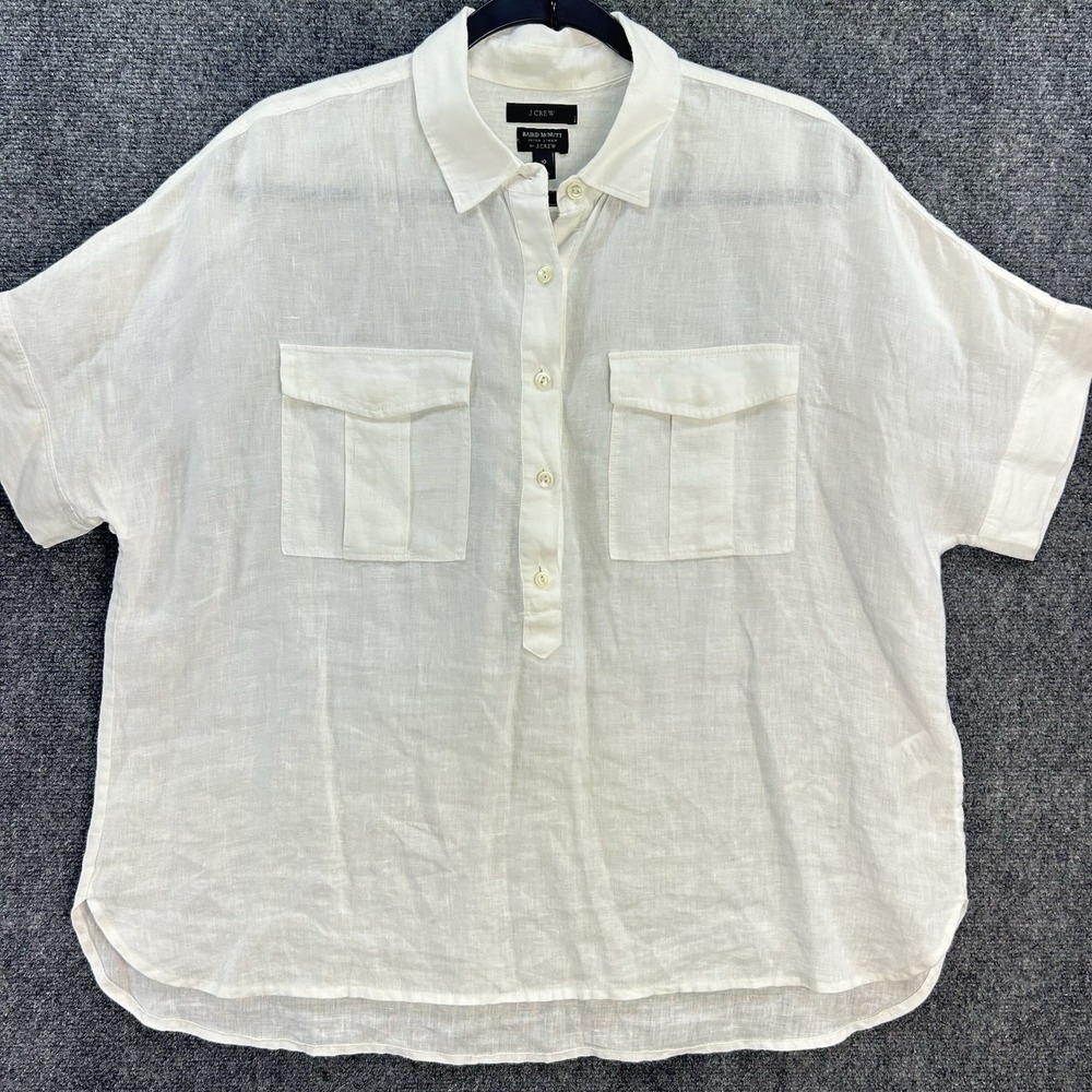 J Crew Blouse Womens 10 White Baird McNutt Linen Short Sleeve Popover Top Casual
